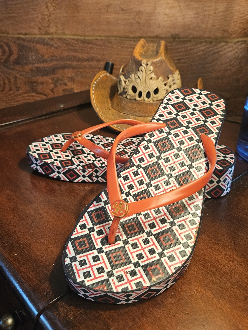 Tory Burch Orange Strap Geometric Print Platform Flip Flops